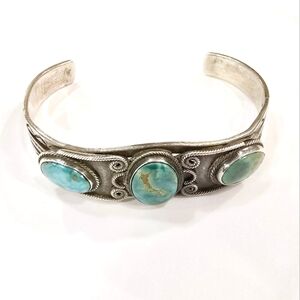Vintage Sterling Silver Turquoise Native Navajo Cuff Bangle Unisex Blue Green